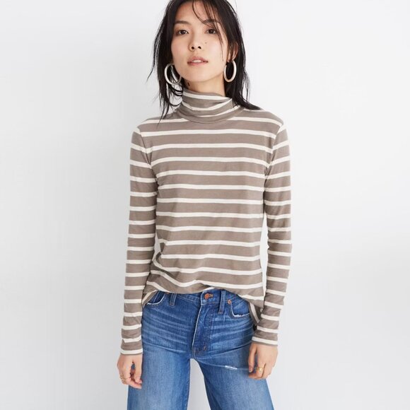 Madewell Whisper Cotton Turtleneck in Kearney Stripe Brown White size XL NWT - Picture 1 of 7